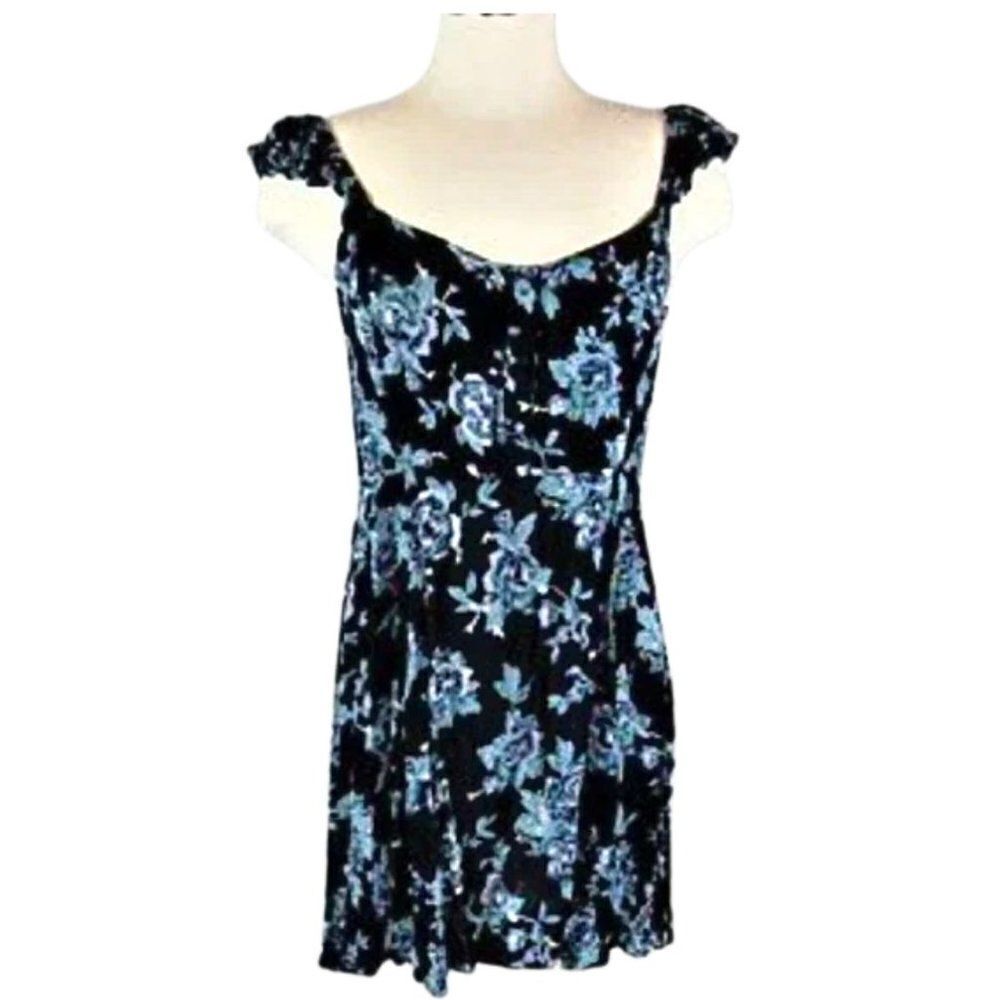 Sleeveless Dress Flutter Shoulder Straps Back Smocking Blue Floral Women's Sz L